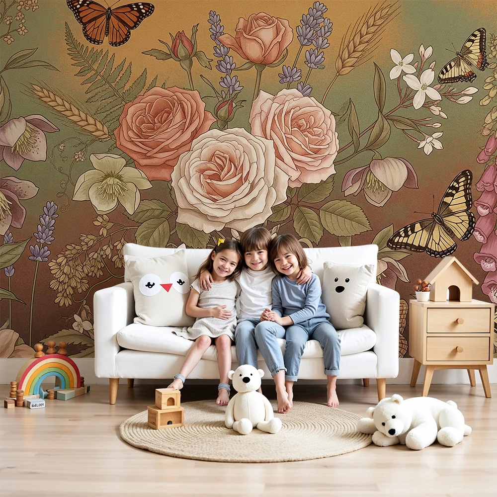 Nursery room wallpaper | Delicate flowers and butterflies enchanting garden