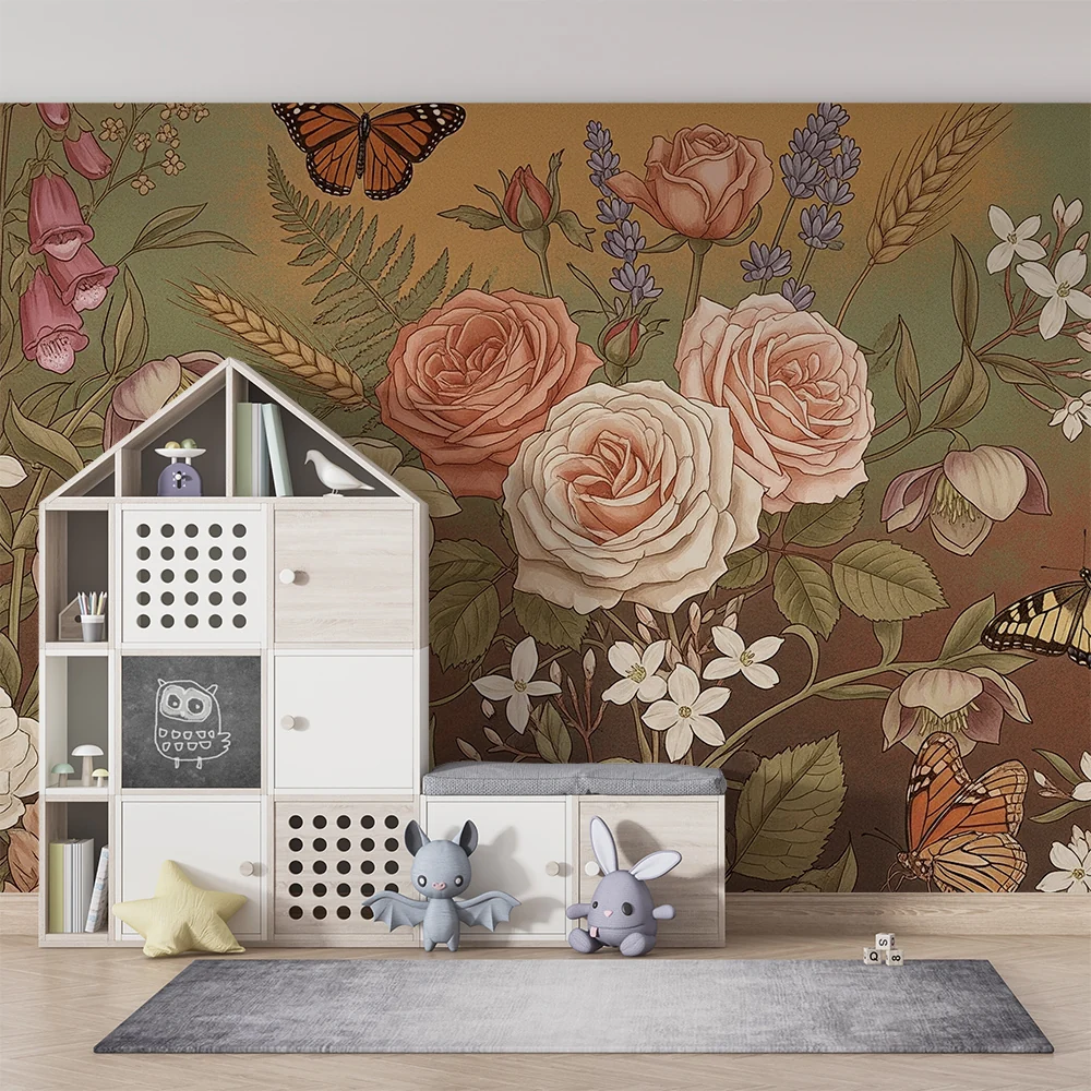 Nursery room wallpaper | Delicate flowers and butterflies enchanting garden
