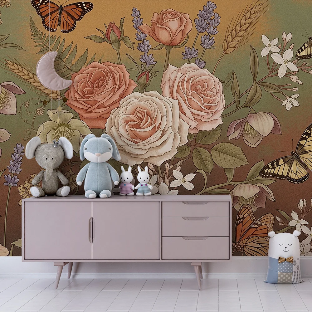 Nursery room wallpaper | Delicate flowers and butterflies enchanting garden