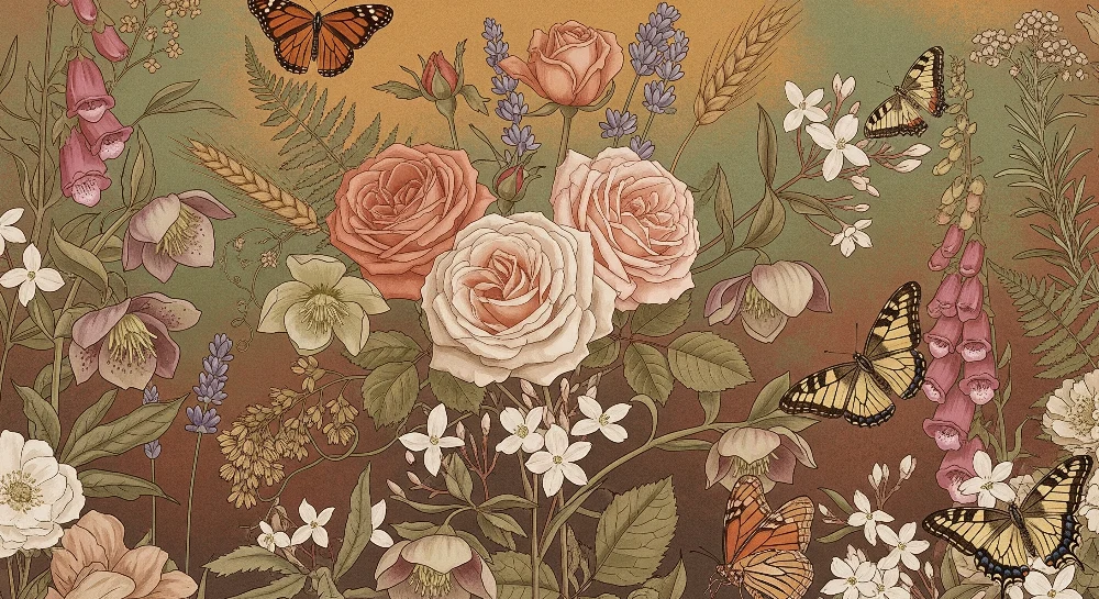 Nursery room wallpaper | Delicate flowers and butterflies enchanting garden