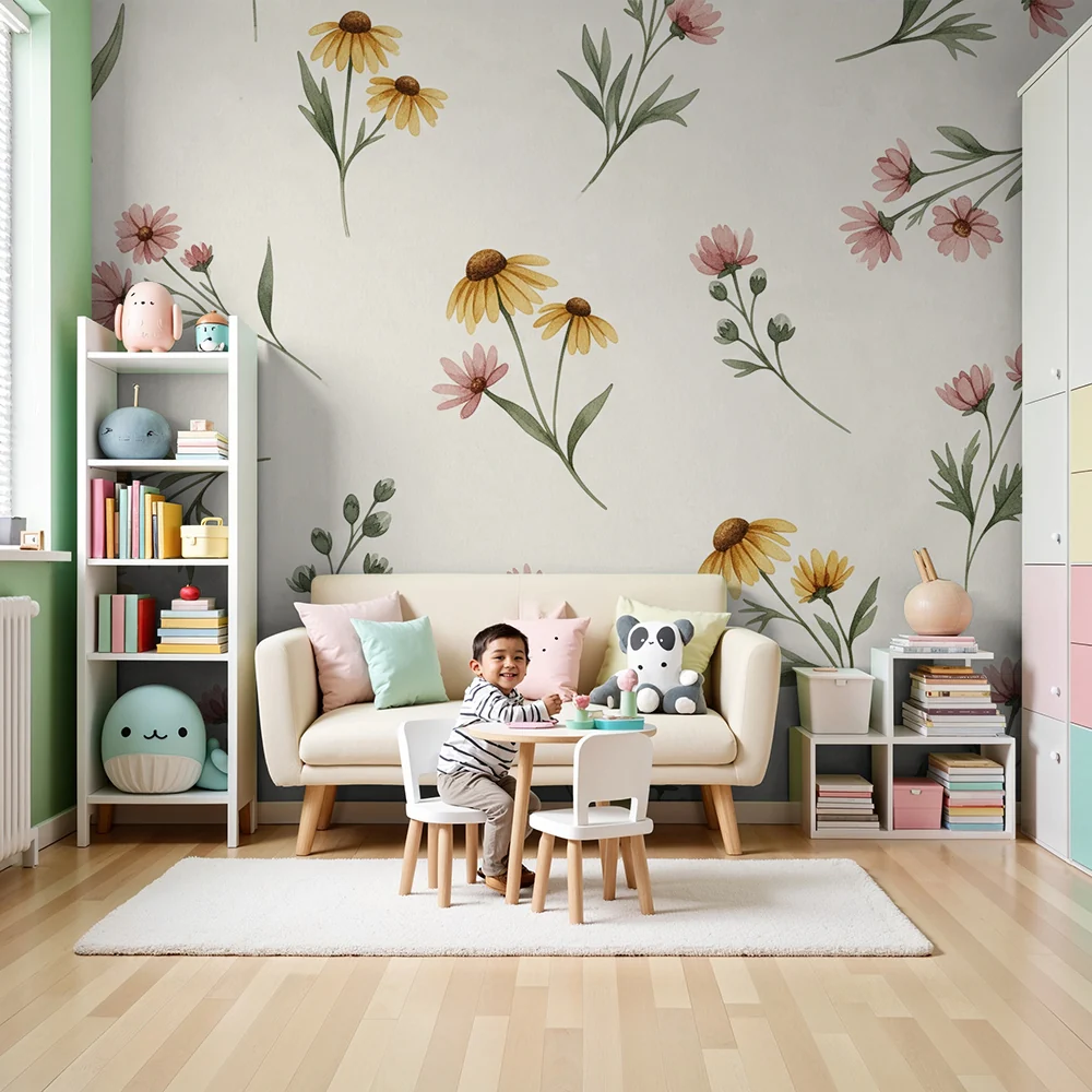 Nursery room wallpaper | Delicate flowers on cream background soft atmosphere