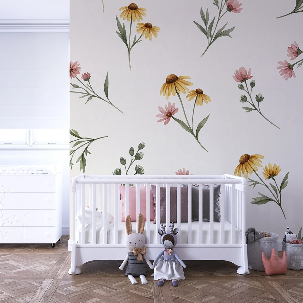 Nursery room wallpaper | Delicate flowers on cream background soft atmosphere