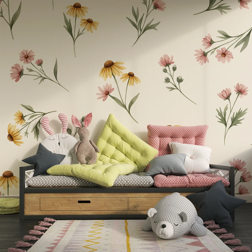 Nursery room wallpaper | Delicate flowers on cream background soft atmosphere