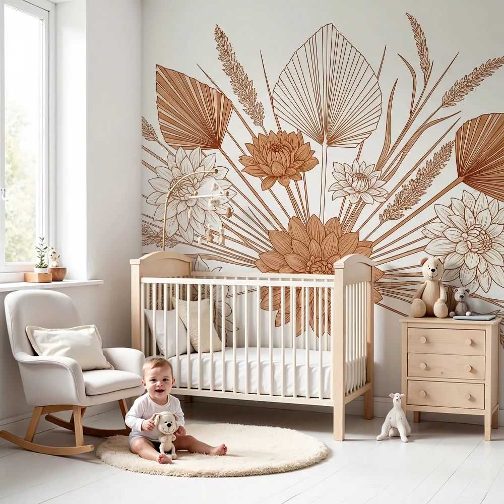 Nursery room wallpaper | Delicate flowers and foliage soft shades