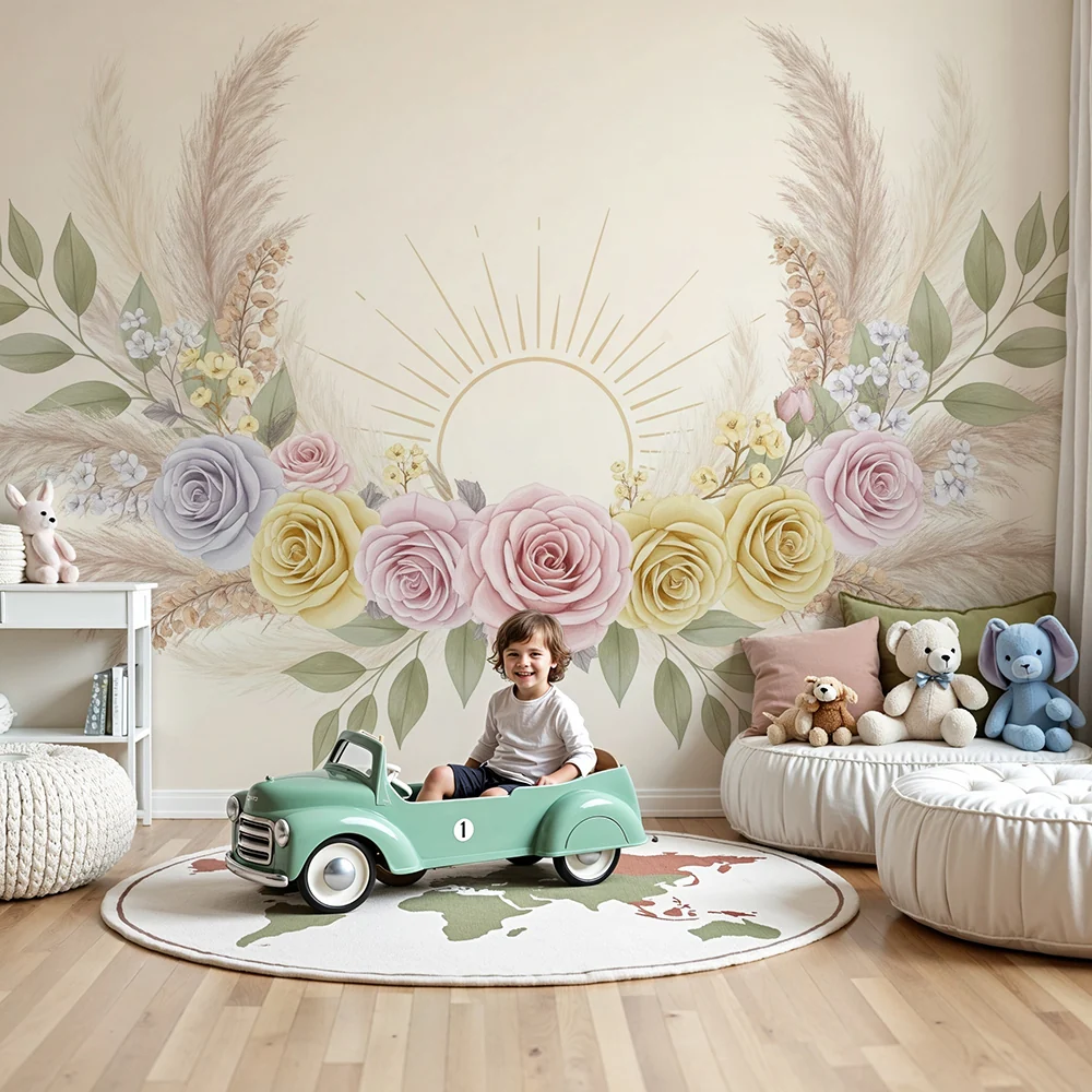 Nursery room wallpaper | Delicate flowers and gentle sunshine soothing atmosphere