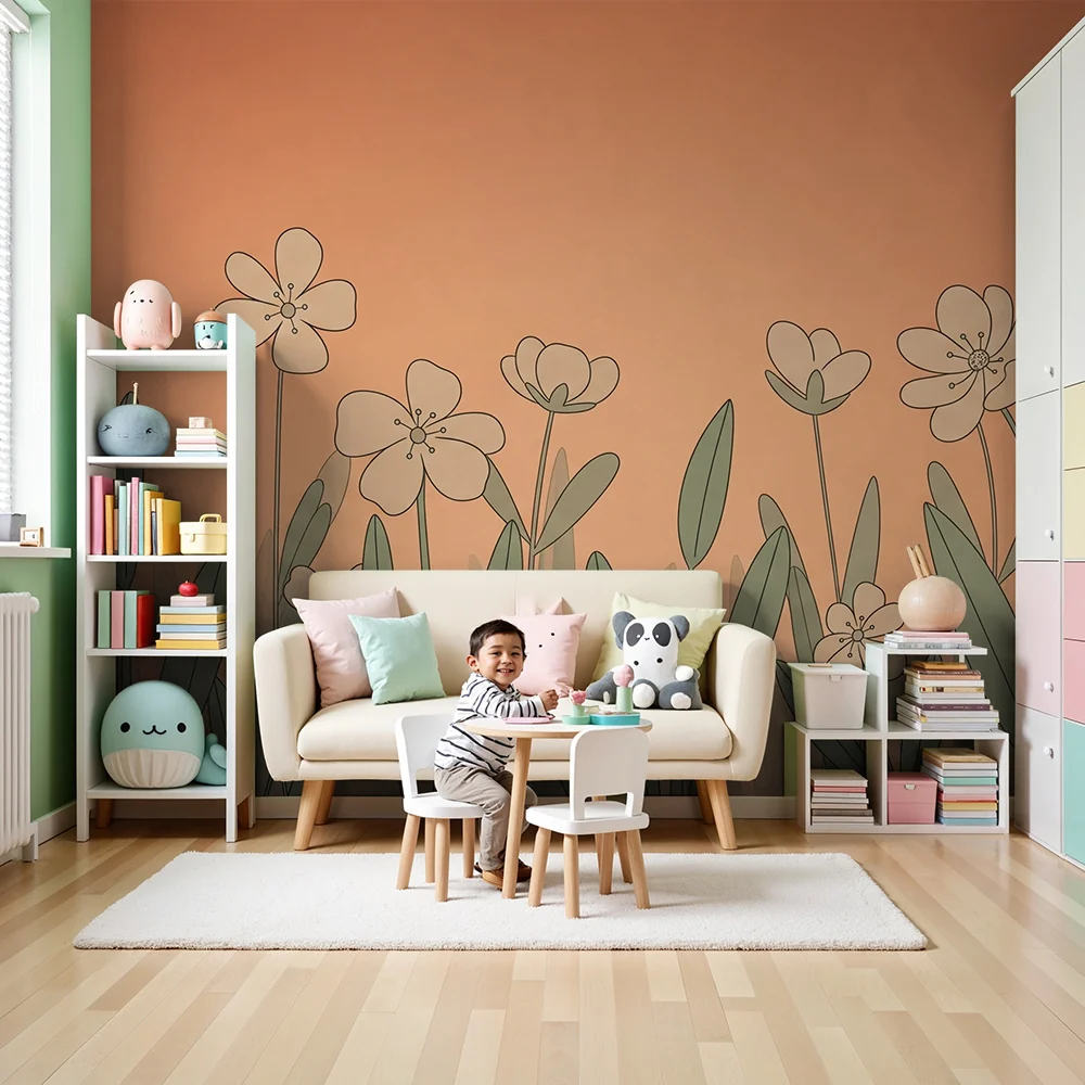 Nursery room wallpaper | Delicate flowers on orange background