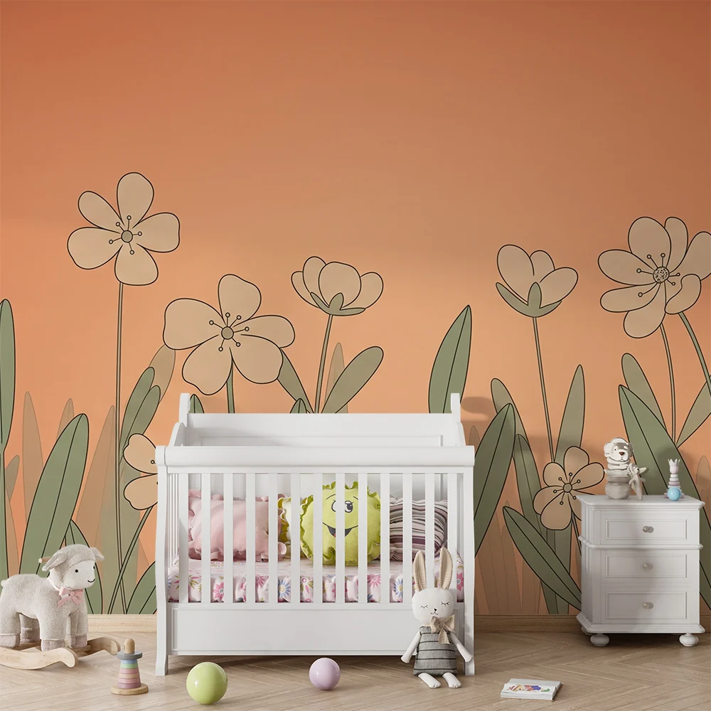 Nursery room wallpaper | Delicate flowers on orange background