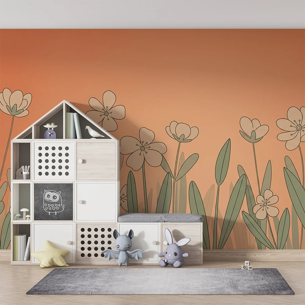 Nursery room wallpaper | Delicate flowers on orange background