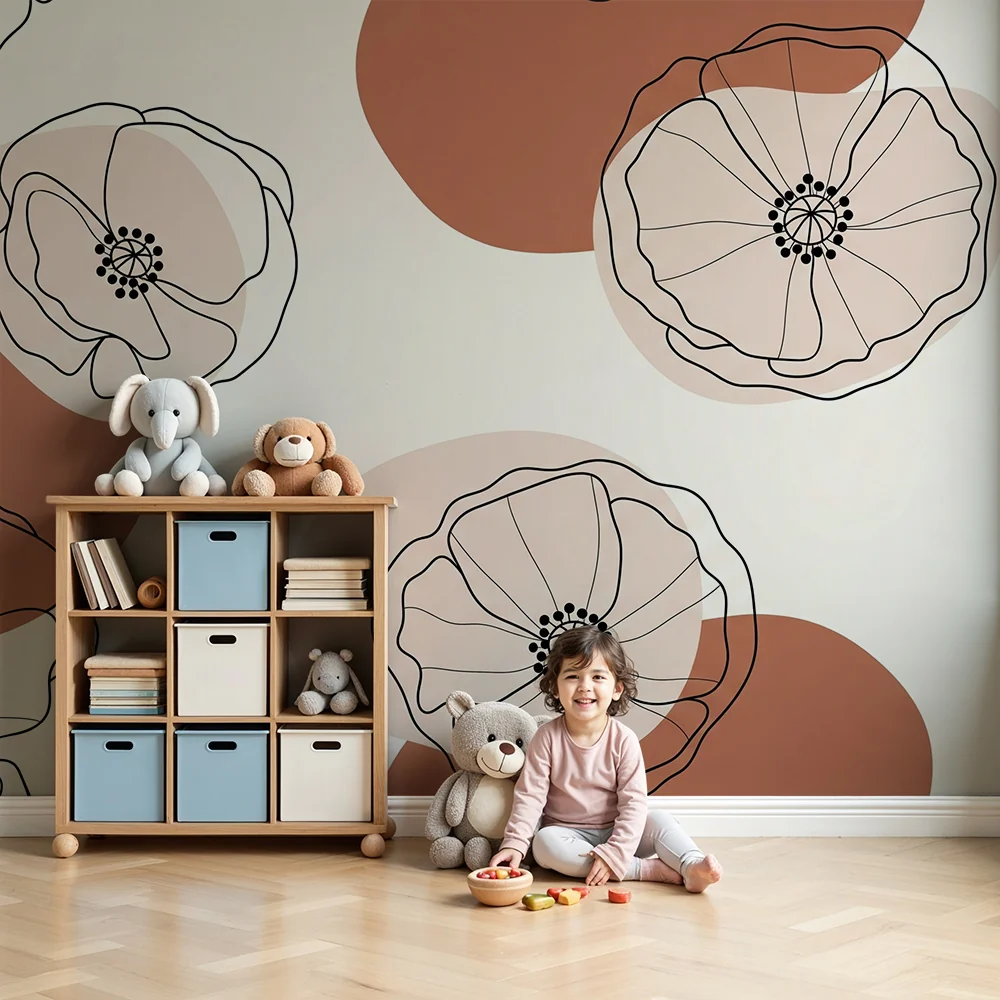 Nursery room wallpaper | Delicate flowers and organic shapes terracotta