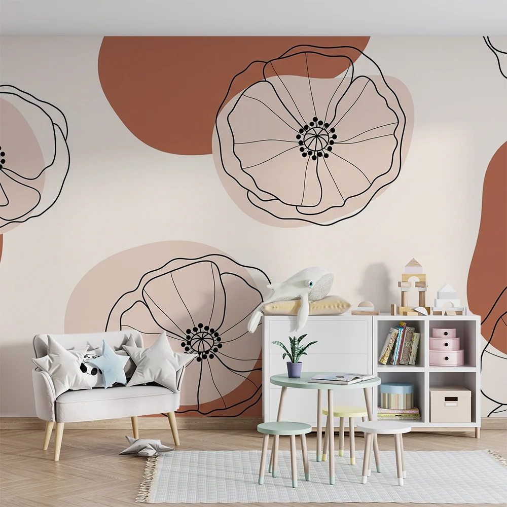 Nursery room wallpaper | Delicate flowers and organic shapes terracotta