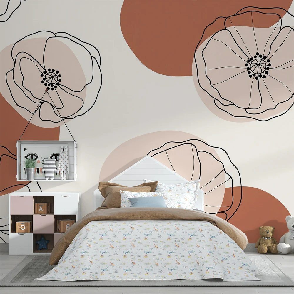 Nursery room wallpaper | Delicate flowers and organic shapes terracotta