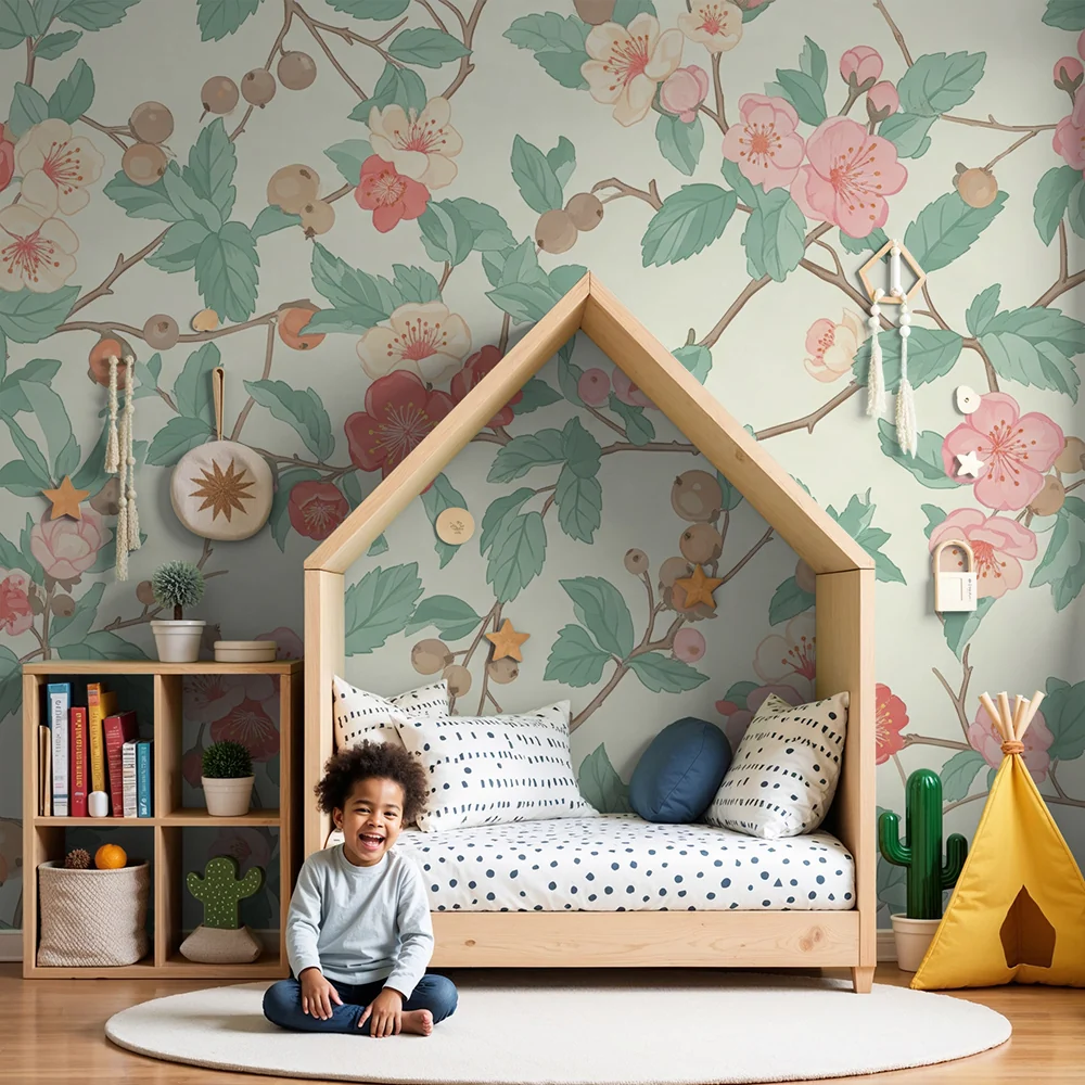 Nursery room wallpaper | Delicate flowers and pastel foliage