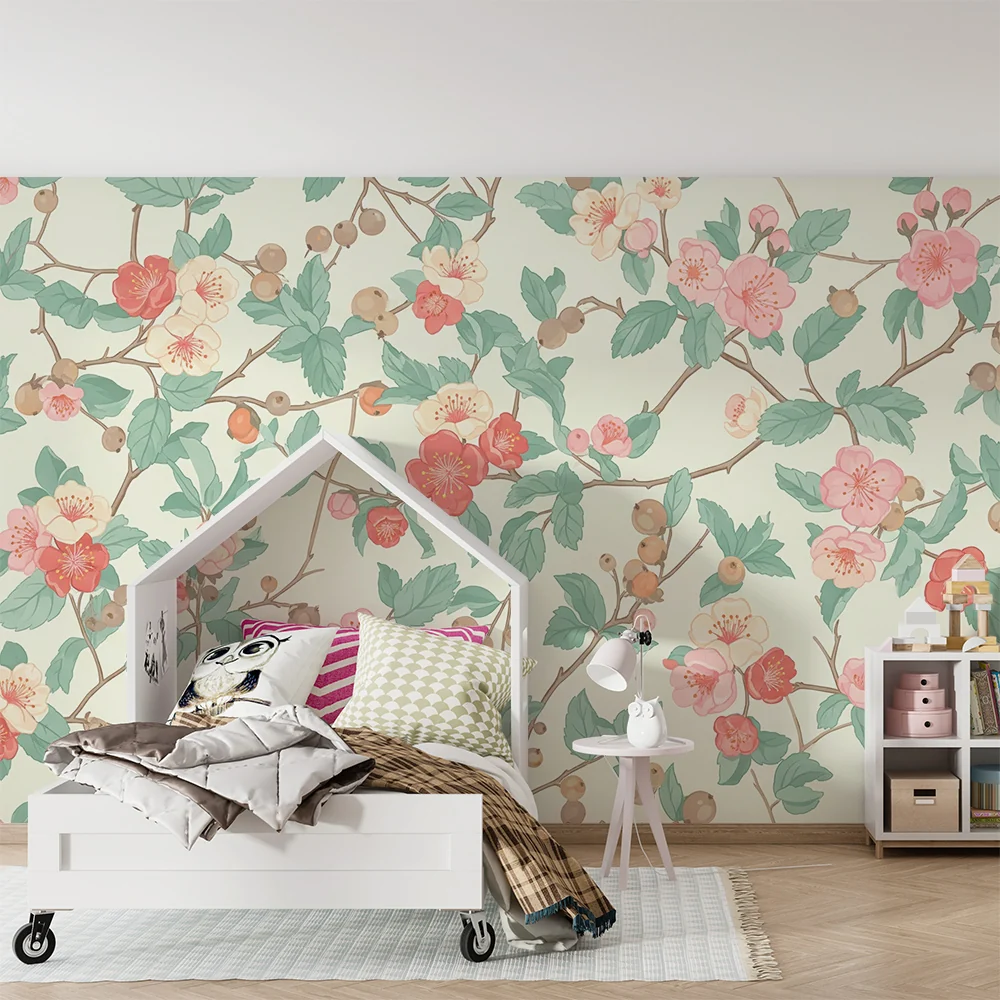 Nursery room wallpaper | Delicate flowers and pastel foliage