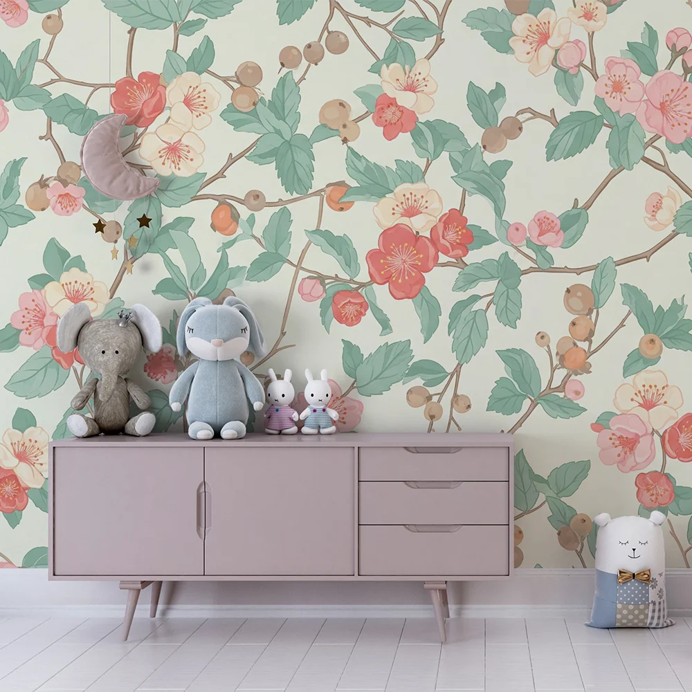 Nursery room wallpaper | Delicate flowers and pastel foliage