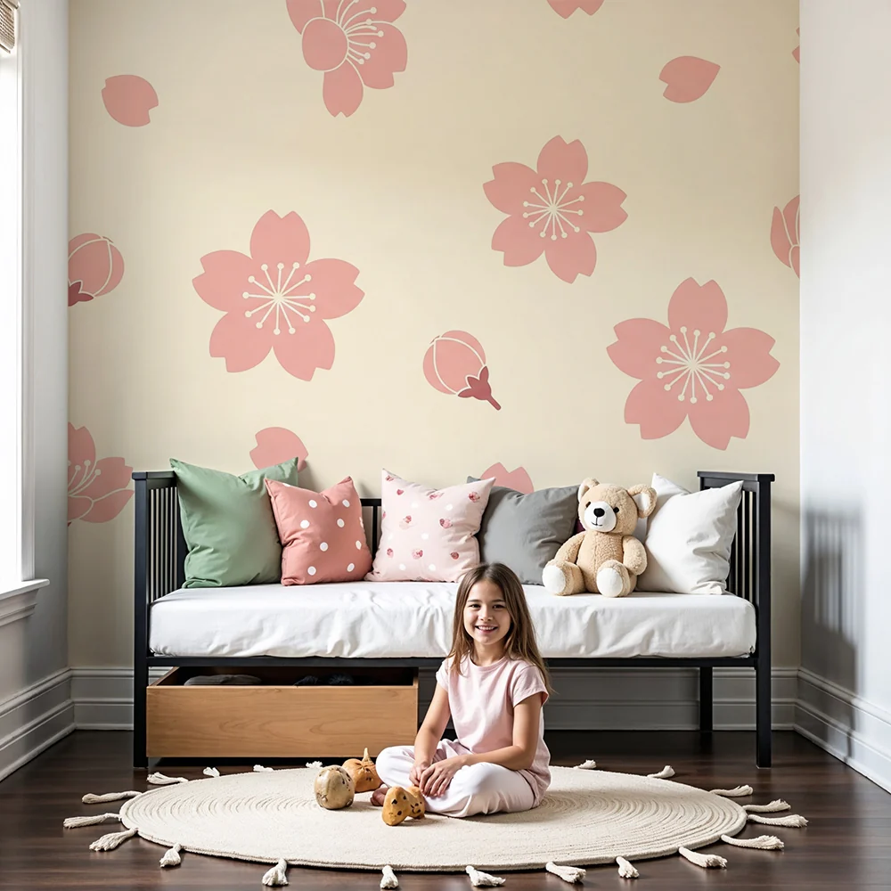 Nursery room wallpaper | Delicate flowers and pink petals on cream background