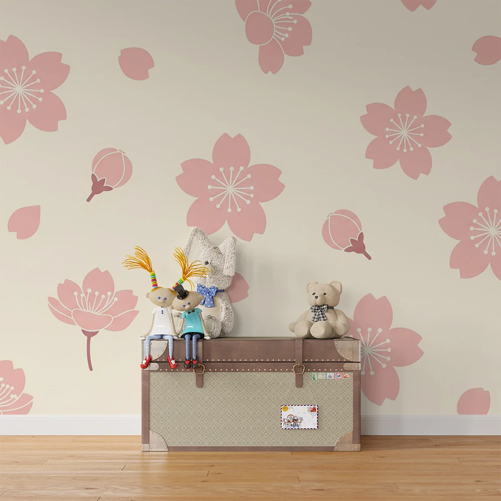 Nursery room wallpaper | Delicate flowers and pink petals on cream background