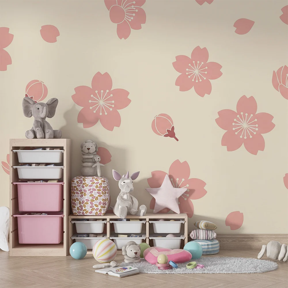 Nursery room wallpaper | Delicate flowers and pink petals on cream background