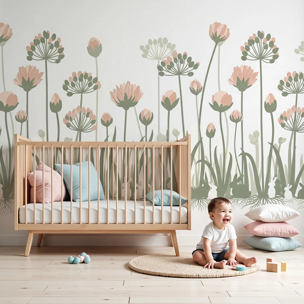 Nursery room wallpaper | Delicate flowers and rabbits peaceful garden