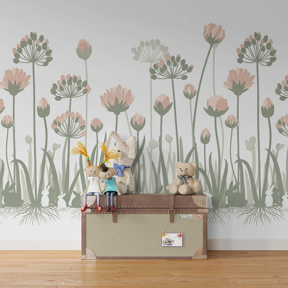 Nursery room wallpaper | Delicate flowers and rabbits peaceful garden