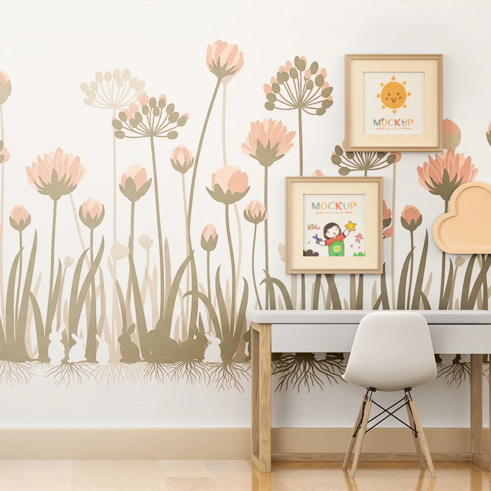 Nursery room wallpaper | Delicate flowers and rabbits peaceful garden