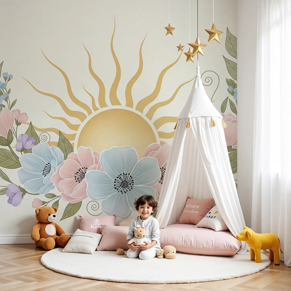 Nursery room wallpaper | Delicate flowers and radiant sun on soft background