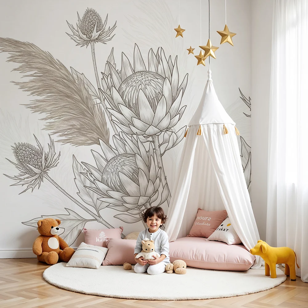 Nursery room wallpaper | Delicate flowers and soft foliage beige shades