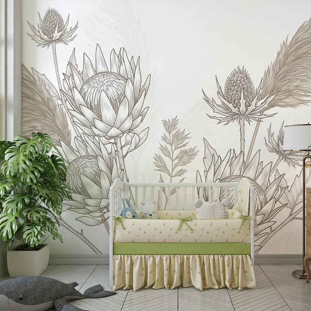 Nursery room wallpaper | Delicate flowers and soft foliage beige shades