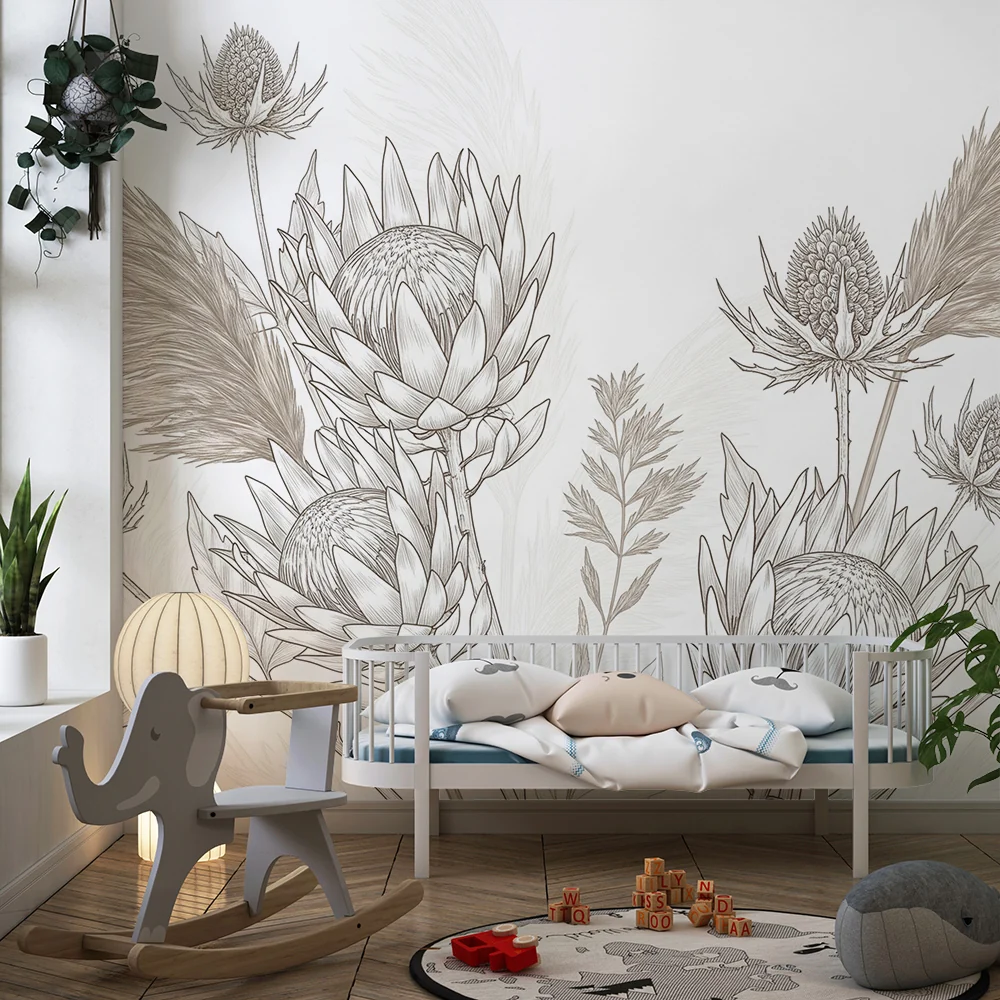 Nursery room wallpaper | Delicate flowers and soft foliage beige shades