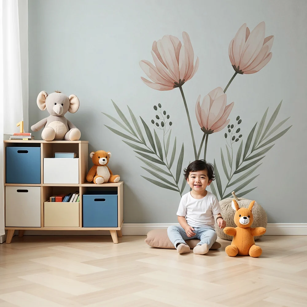 Nursery room wallpaper | Delicate flowers and soft foliage on white background