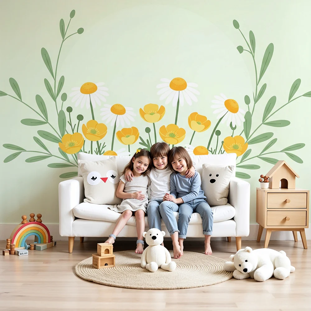 Nursery room wallpaper | Delicate flowers and soft foliage on pastel green background