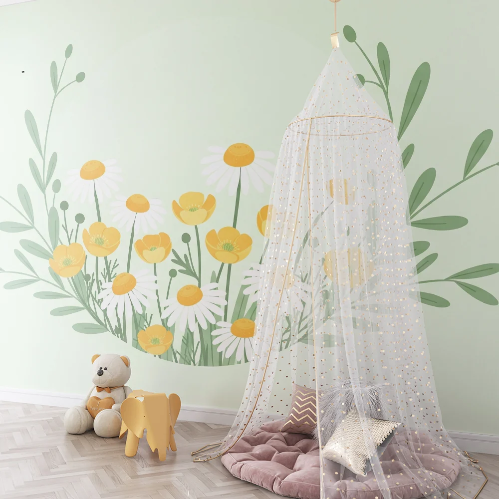 Nursery room wallpaper | Delicate flowers and soft foliage on pastel green background