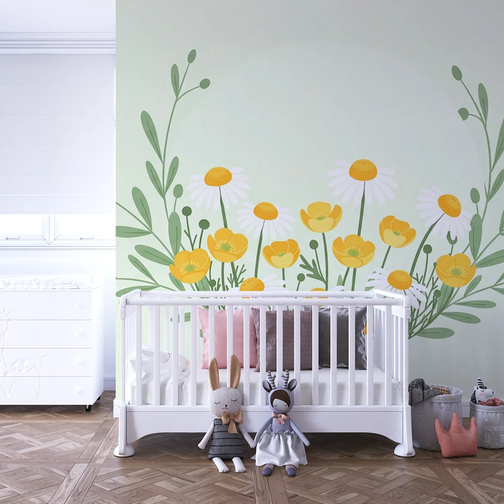 Nursery room wallpaper | Delicate flowers and soft foliage on pastel green background