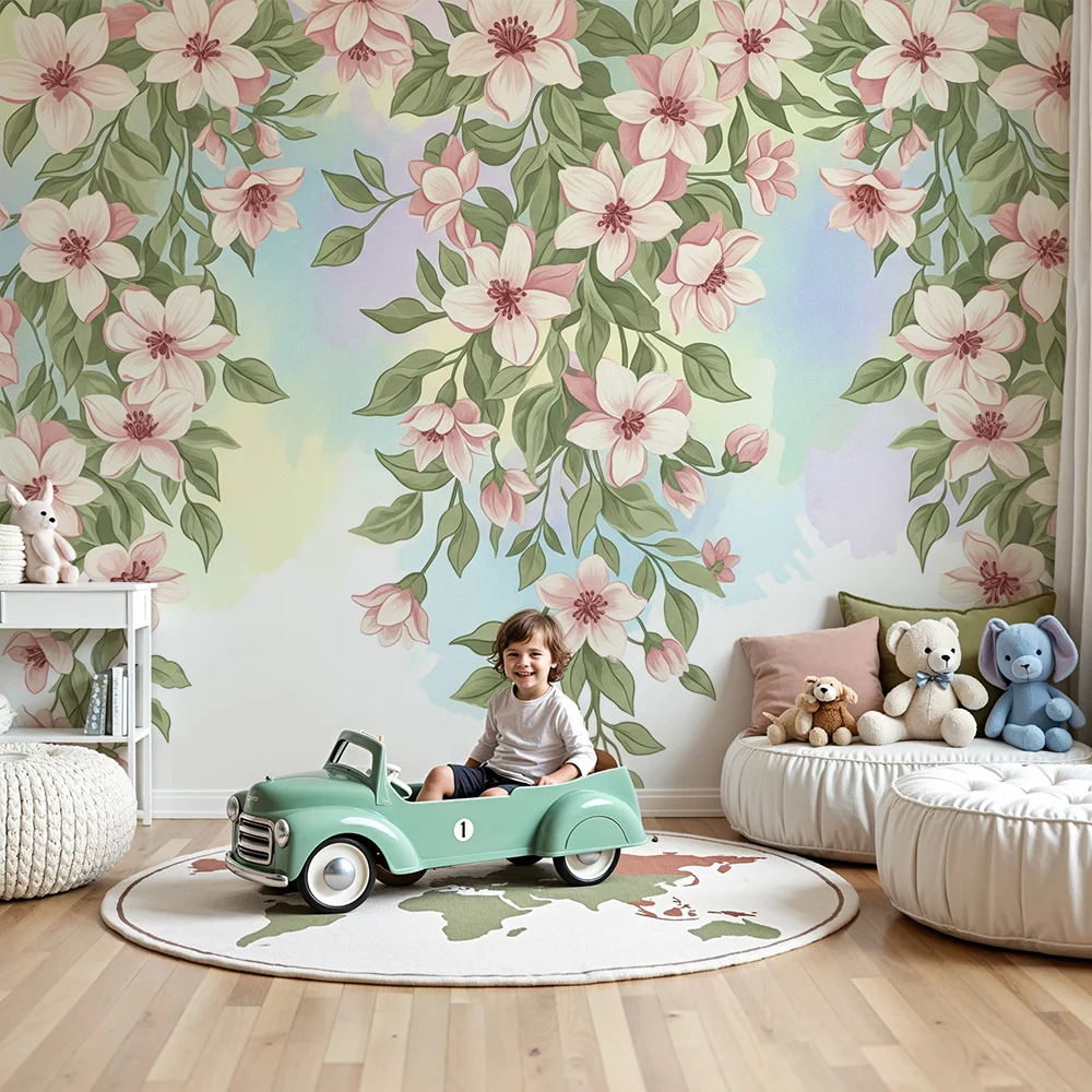 Nursery room wallpaper | Delicate flowers and soft foliage on pastel background