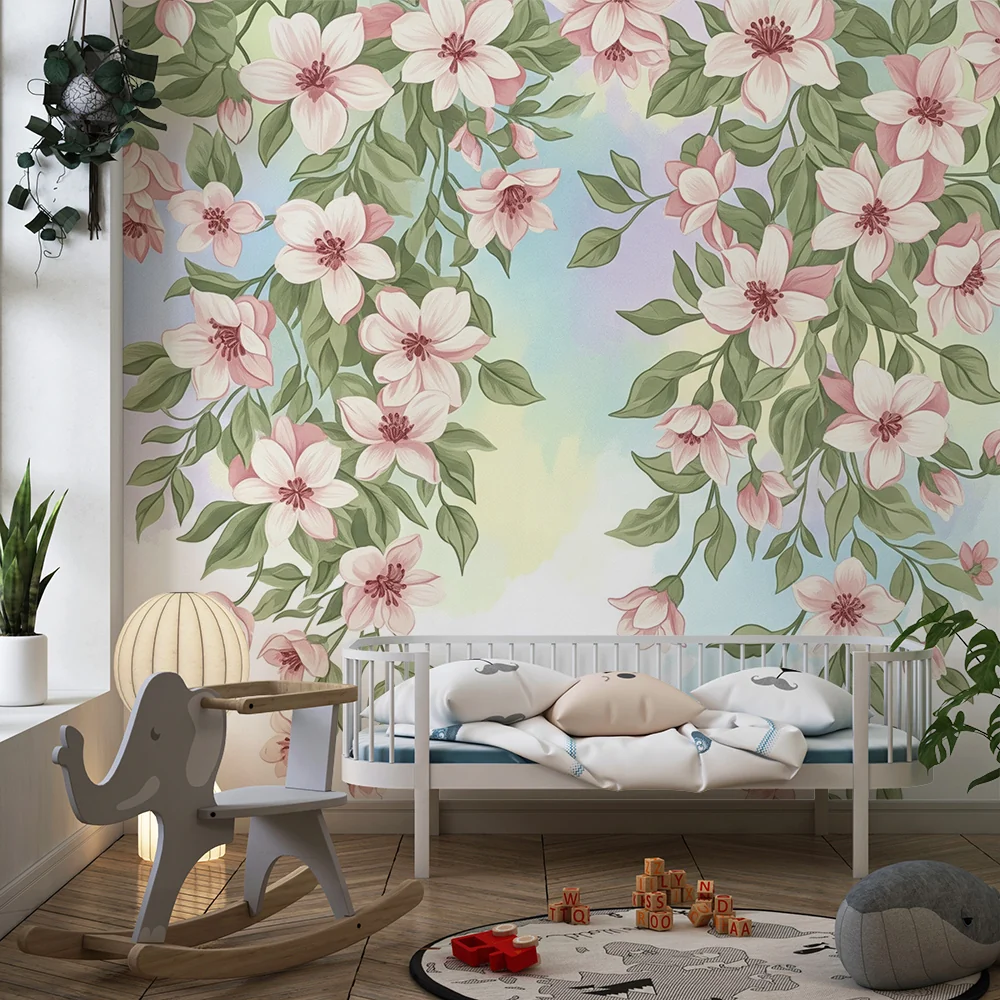 Nursery room wallpaper | Delicate flowers and soft foliage on pastel background
