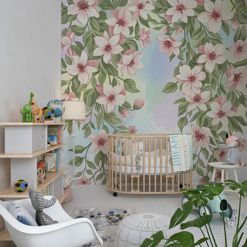 Nursery room wallpaper | Delicate flowers and soft foliage on pastel background