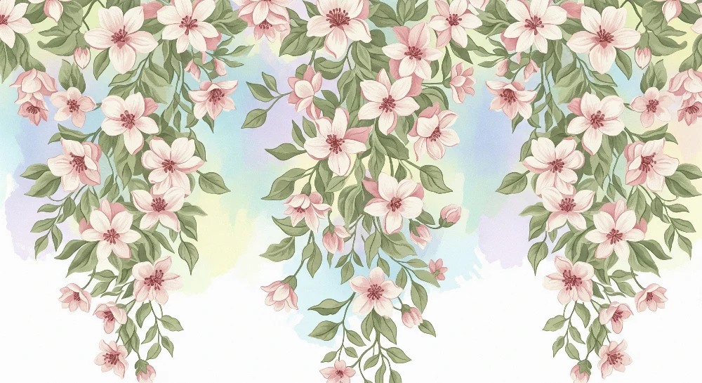 Nursery room wallpaper | Delicate flowers and soft foliage on pastel background