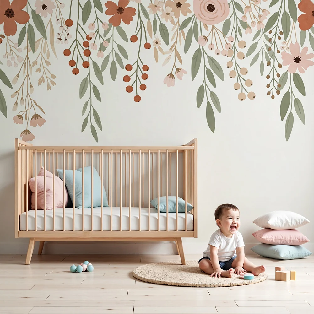 Nursery room wallpaper | Delicate flowers and soft foliage on light background