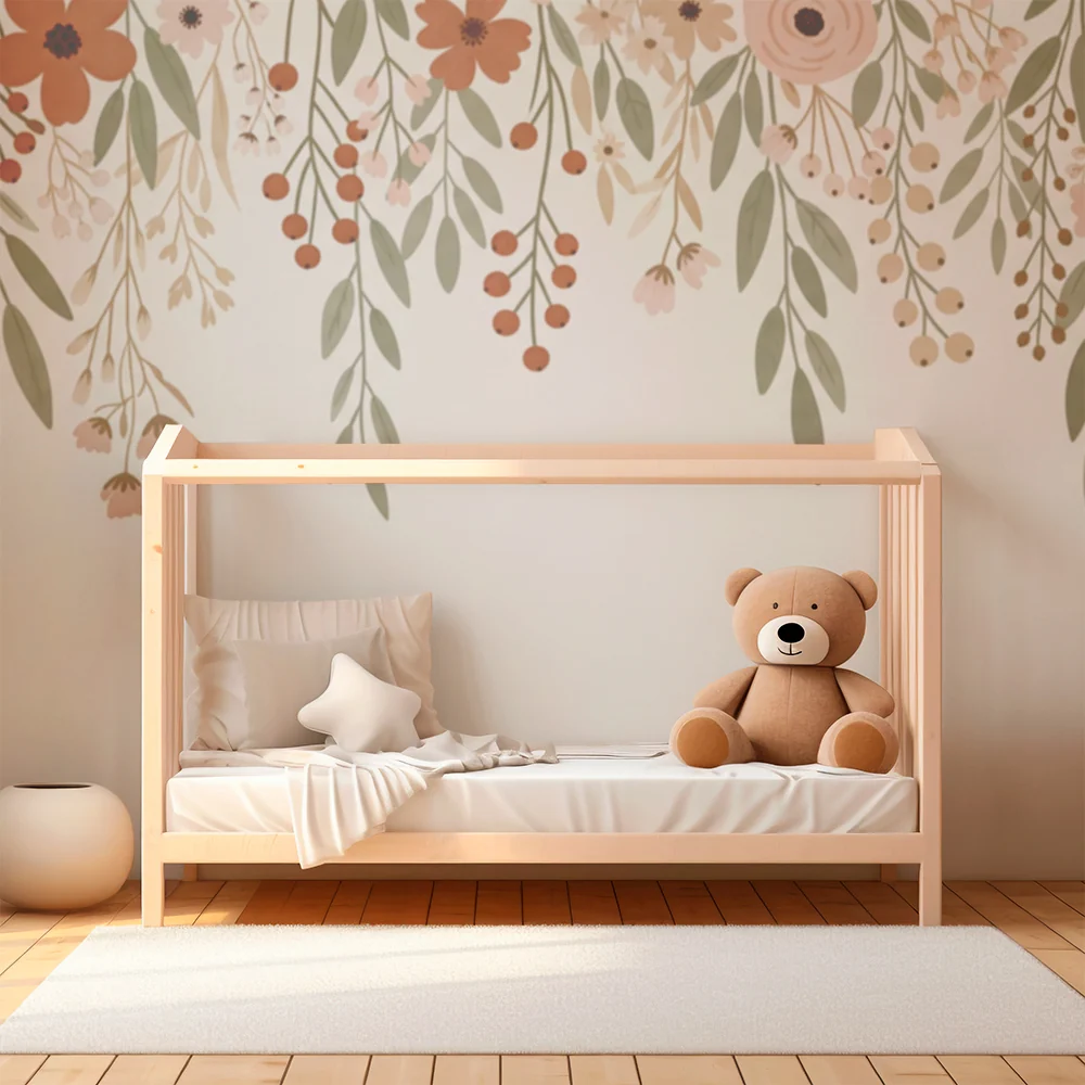 Nursery room wallpaper | Delicate flowers and soft foliage on light background