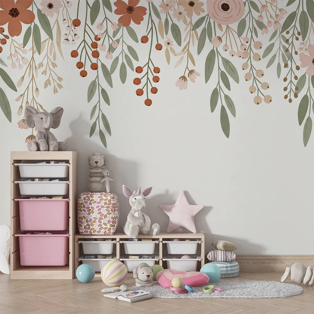 Nursery room wallpaper | Delicate flowers and soft foliage on light background