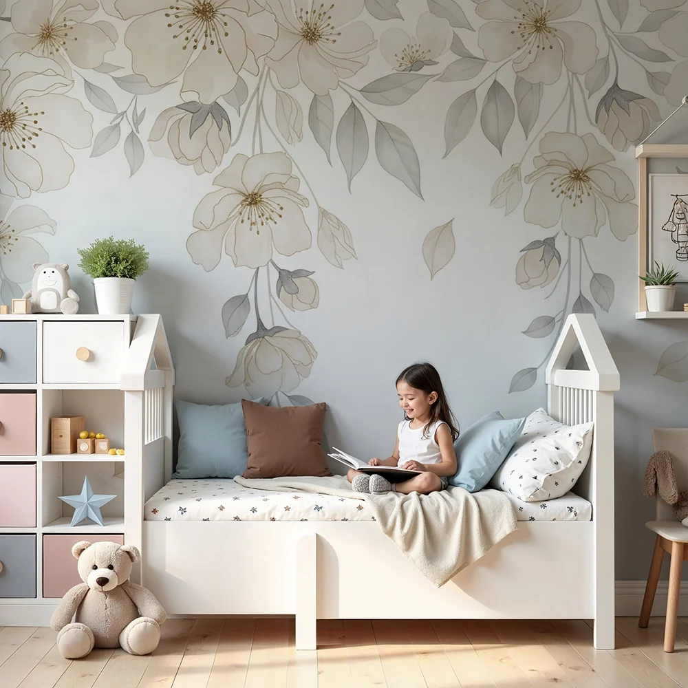 Nursery room wallpaper | Delicate flowers and soft foliage on white background