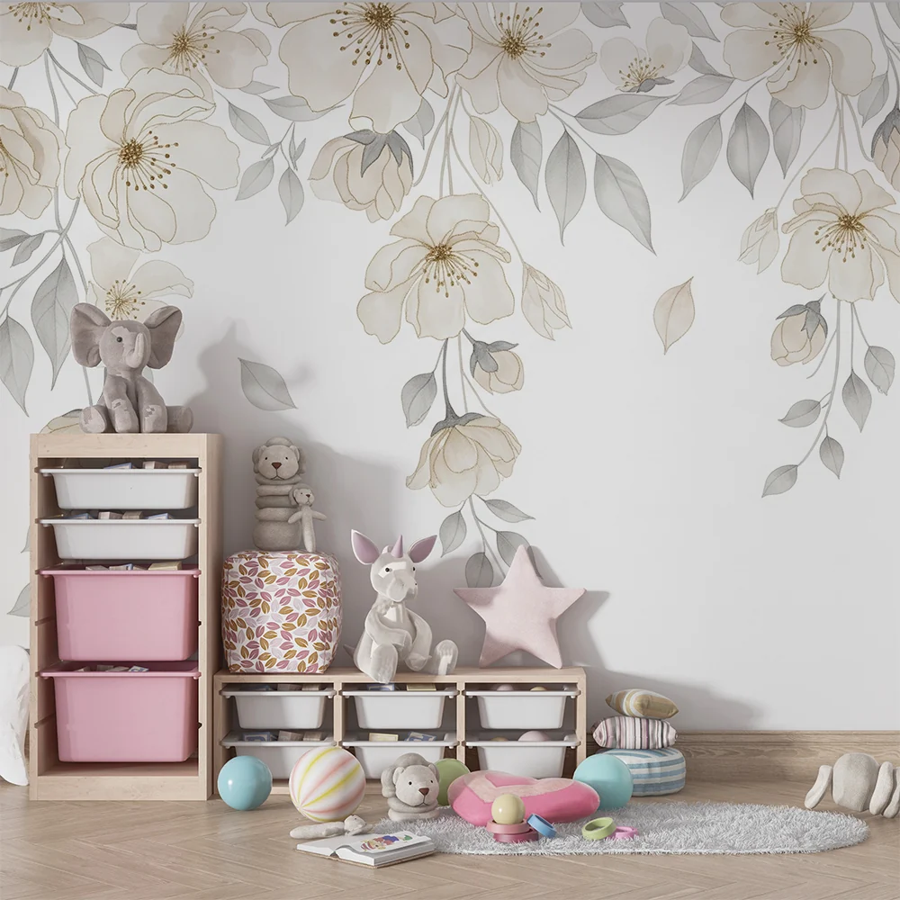Nursery room wallpaper | Delicate flowers and soft foliage on white background