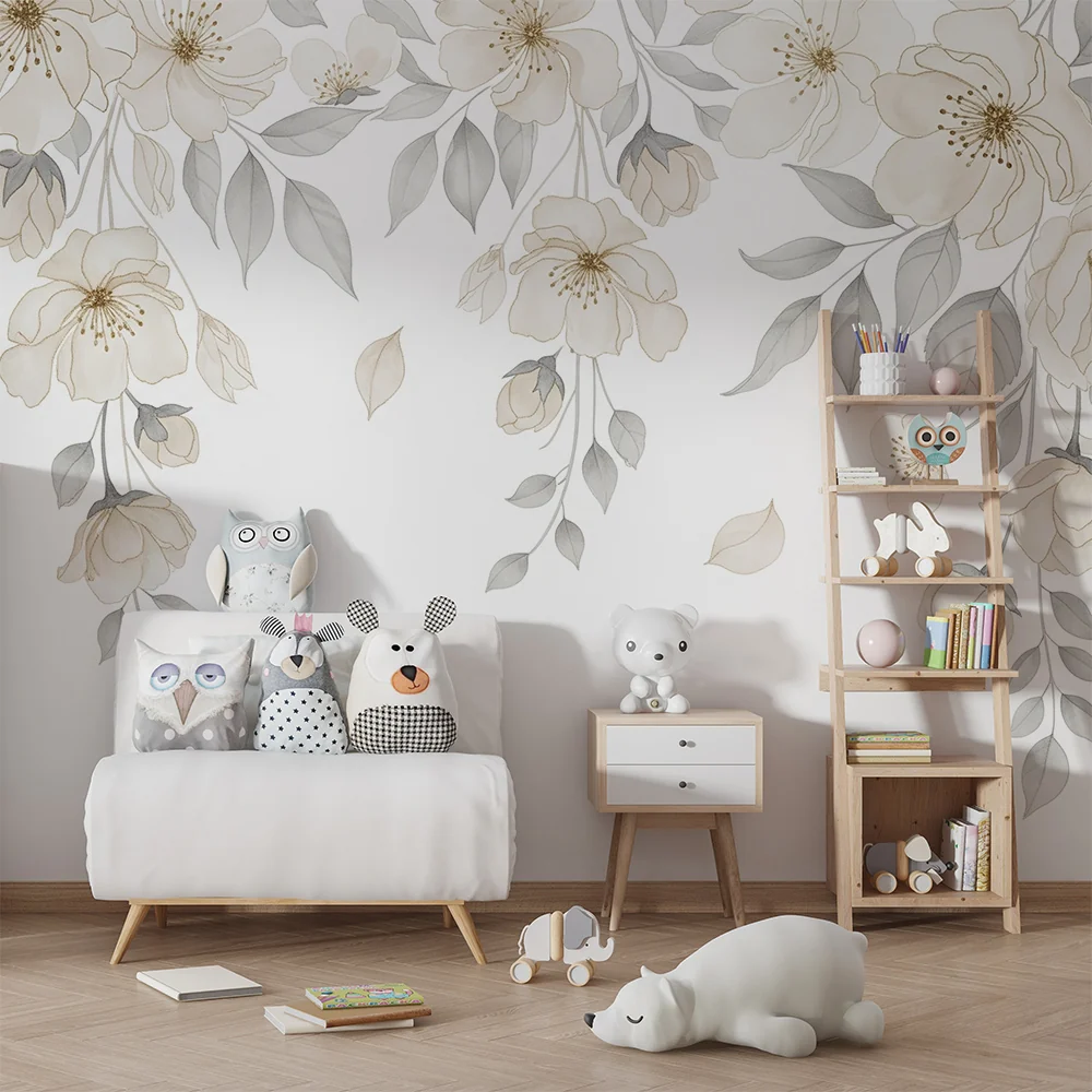 Nursery room wallpaper | Delicate flowers and soft foliage on white background