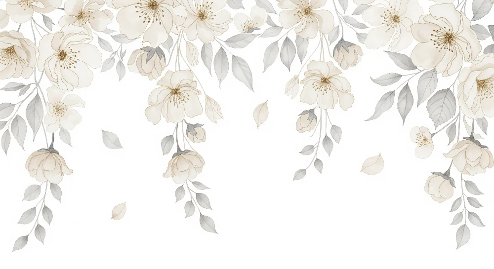 Nursery room wallpaper | Delicate flowers and soft foliage on white background