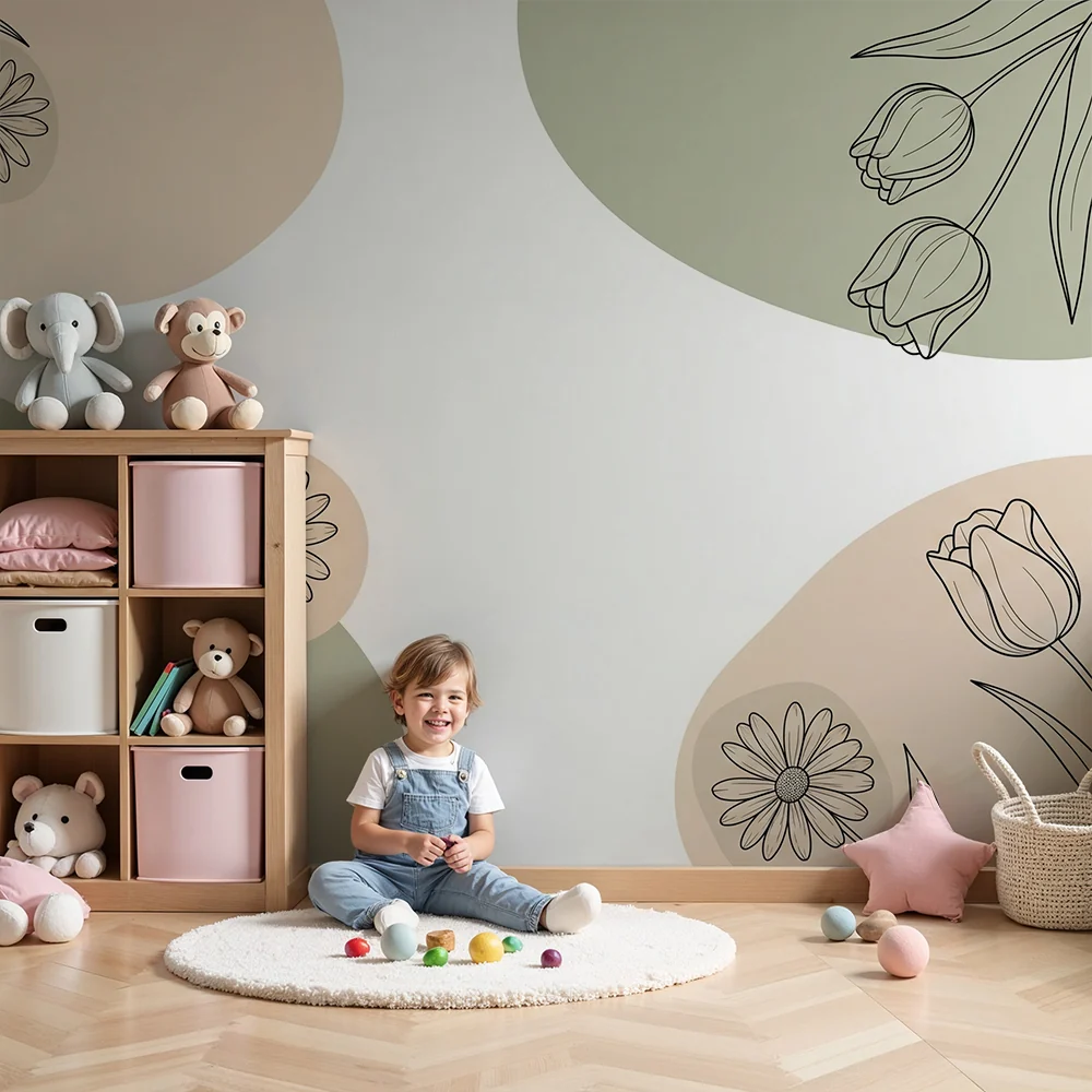 Nursery room wallpaper | Delicate flowers and soft shapes between beige and sage green
