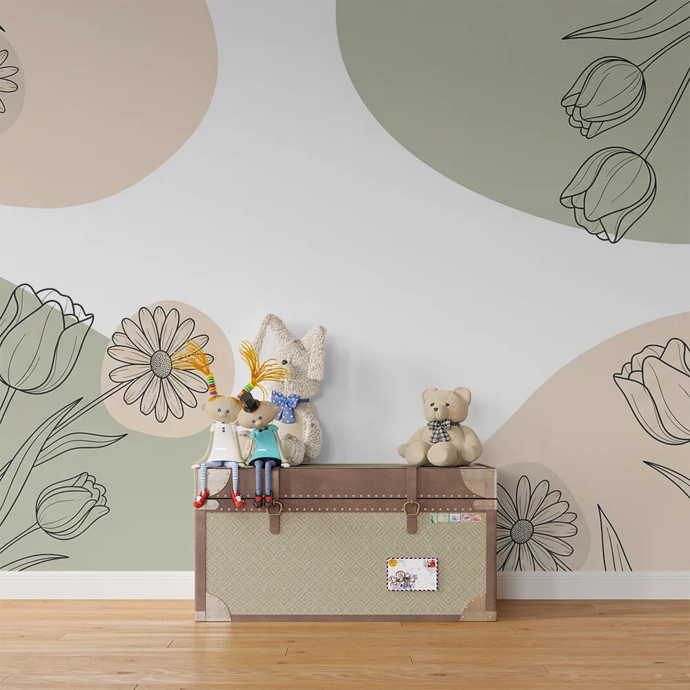 Nursery room wallpaper | Delicate flowers and soft shapes between beige and sage green