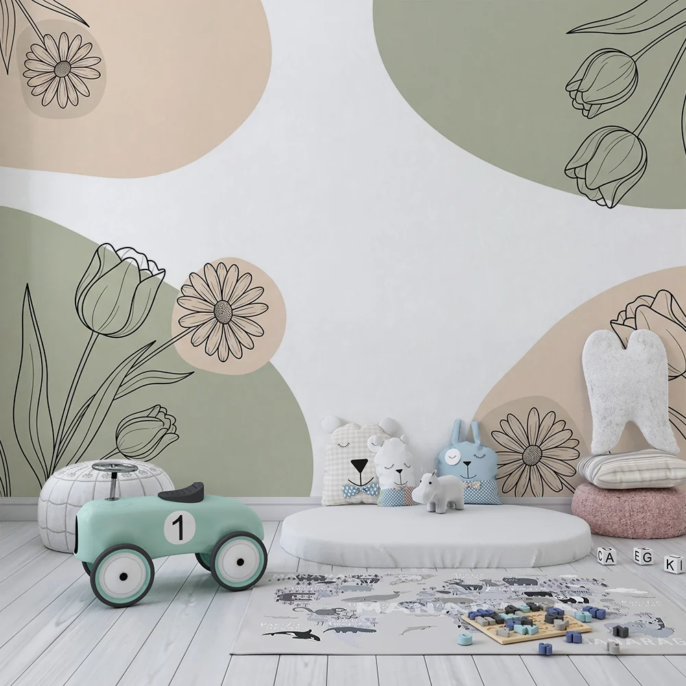 Nursery room wallpaper | Delicate flowers and soft shapes between beige and sage green