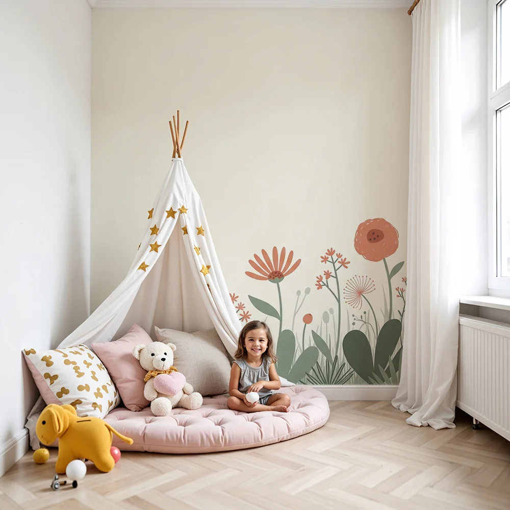 Nursery room wallpaper | Delicate flowers and soft foliage on cream background