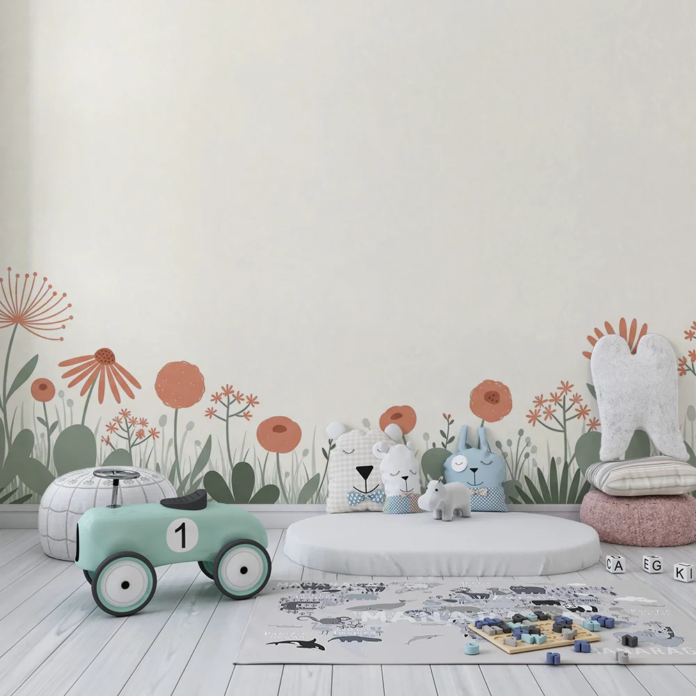 Nursery room wallpaper | Delicate flowers and soft foliage on cream background