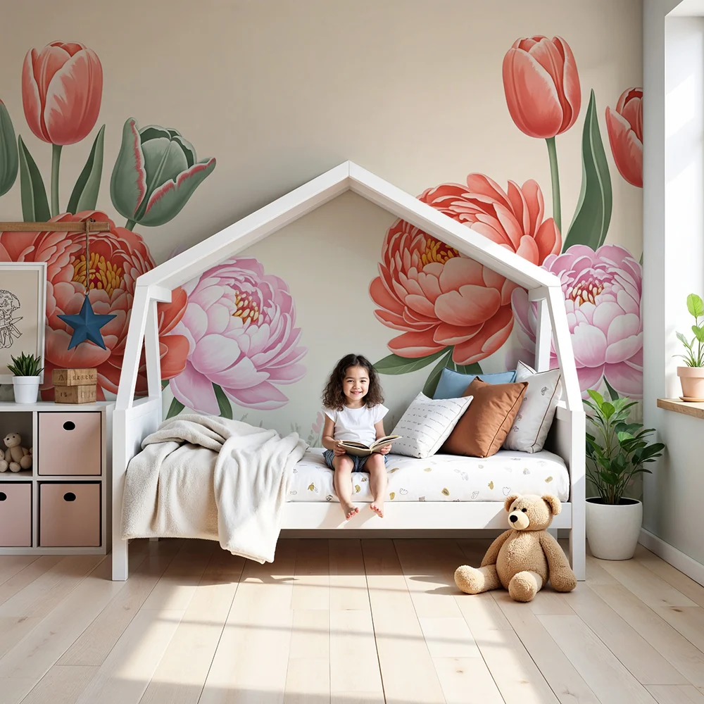 Nursery room wallpaper | Delicate flowers and tulips pastel garden