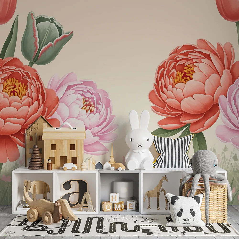 Nursery room wallpaper | Delicate flowers and tulips pastel garden